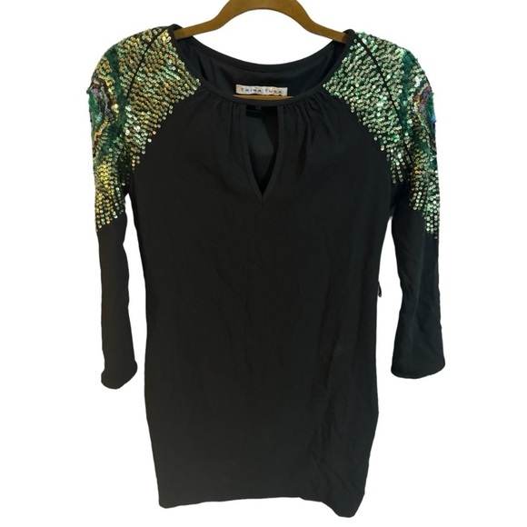 Trina Turk Peacock Sequin Sleeve Black Mini Dress - Picture 1 of 7